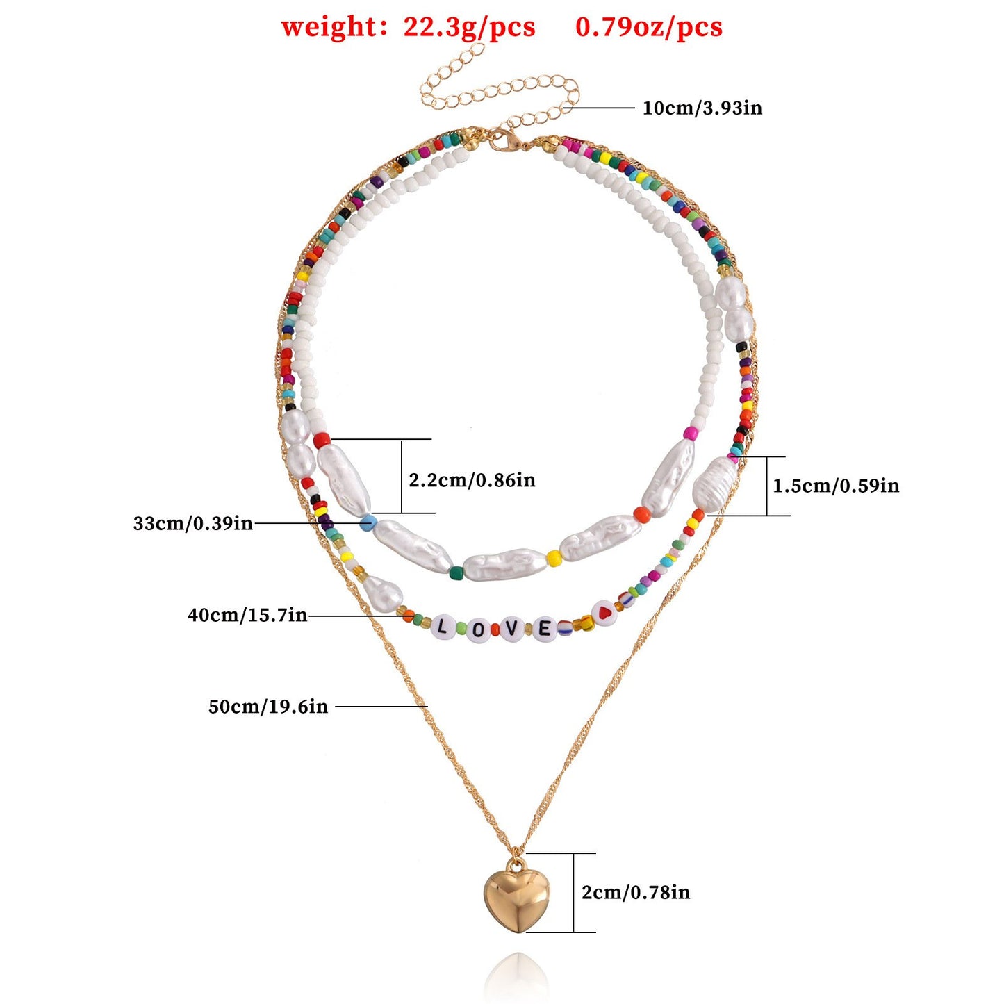 Jewelry multi-layer color rice beads LOVE letter peach heart pendant necklace female niche creative necklace