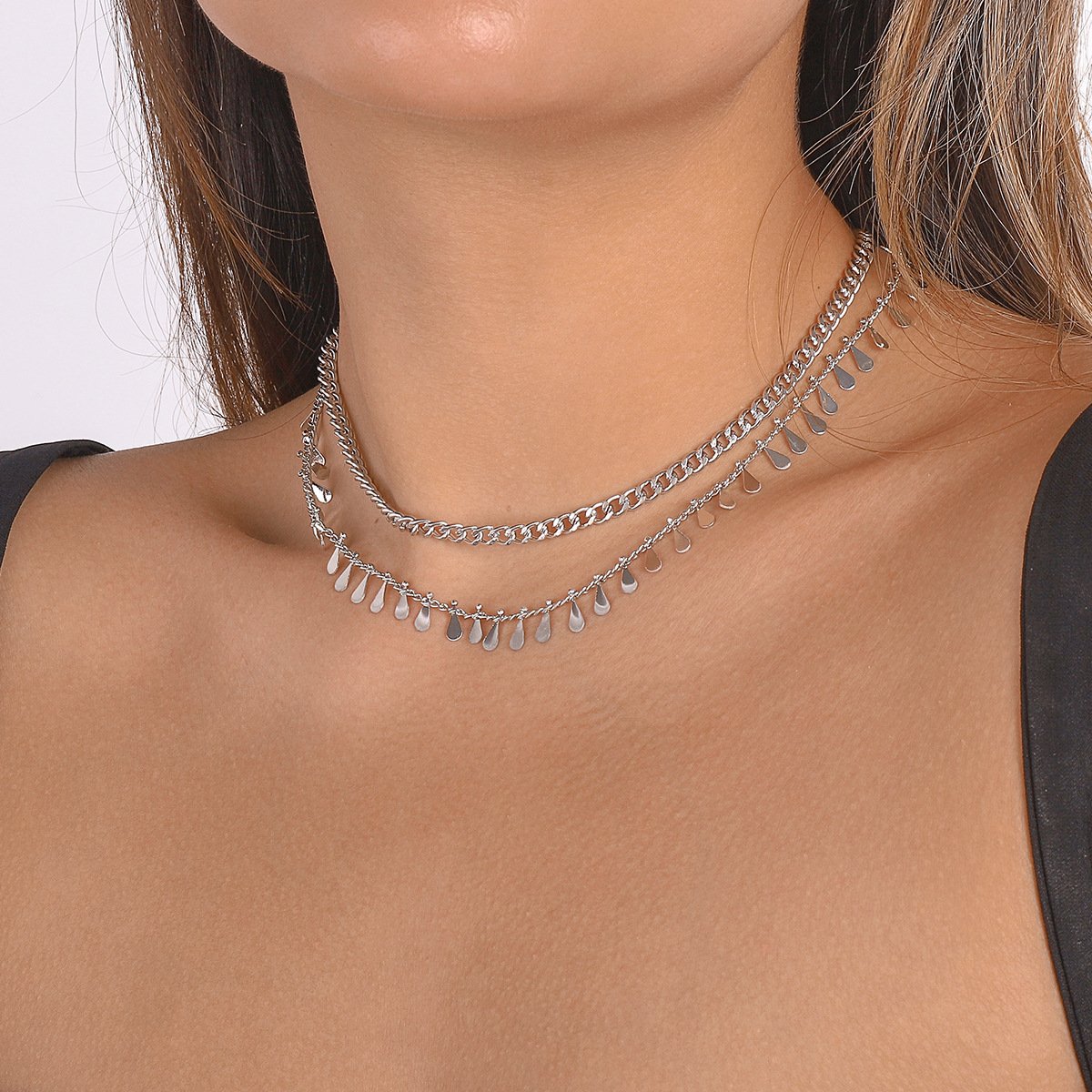 N1337 Minority Simple Double Layer Necklace Drop Shaped Disc Fashion Commuting Net Red Necklace Necklace