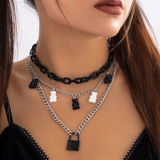 Jewelry retro metal lock-shaped multi-layer necklace female sweet cool black and white color matching bear tassel necklace