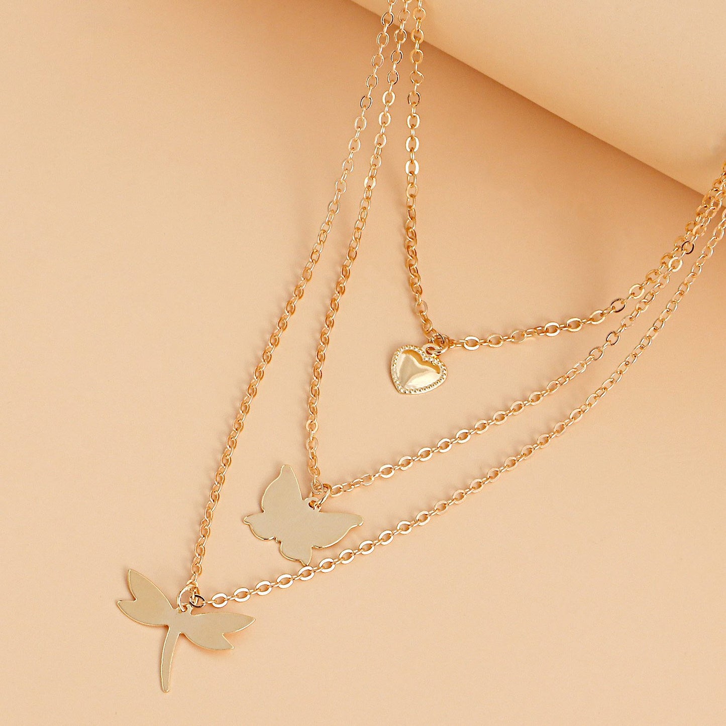 Fashion Jewelry Temperament Butterfly Dragonfly Combination Multilayer Necklace Niche Design Love Pendant Clavicle Chain Female