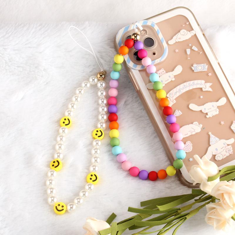 Bohemia Iridescent Frosted Beads Yellow Smiley Face Imitation Pearl Personality Phone Chain Pendant Rope