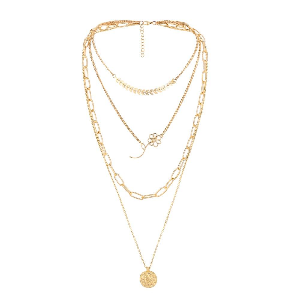 Fashion Metal Wheat Spike Flower Three Layer Necklace Retro Coin Pendant Trend Chain Clavicle Necklace