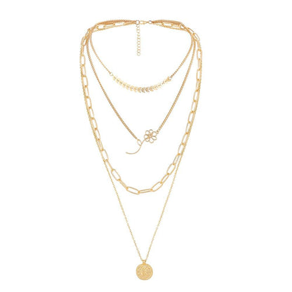 Fashion Metal Wheat Spike Flower Three Layer Necklace Retro Coin Pendant Trend Chain Clavicle Necklace