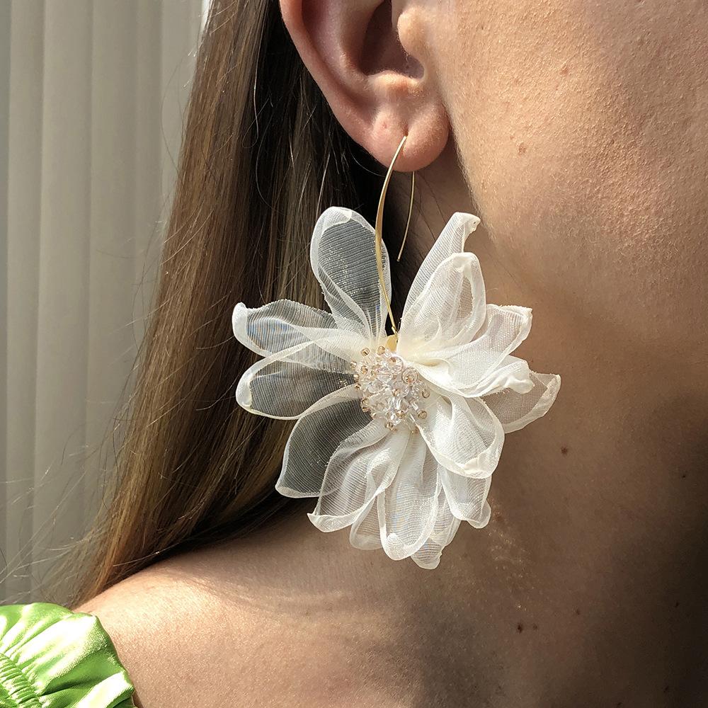 2E4472 Vacation Fairy Fabric Large Petal Flower Earrings Mori Earrings Feminine Fresh Earrings