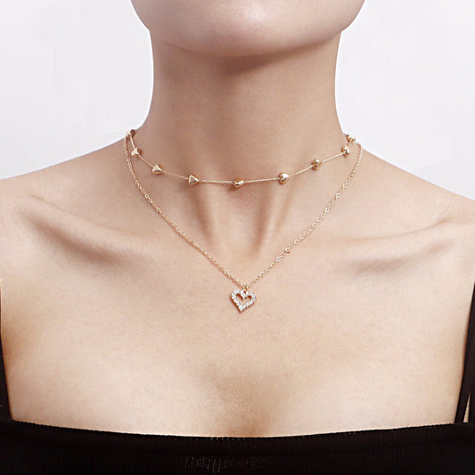 Jewelry Double Mixed Color Hip-Hop Clavicle Chain Heart Clavicle Chain Necklace Female Sweet Cool Hip-Hop Necklace