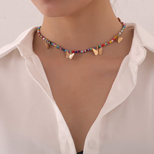 Jewelry Fashion Alloy Butterfly Pendant Necklace Femininity Simple Color Rice Beads Handmade Necklace