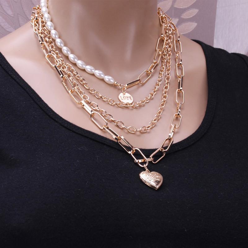 Necklace Retro Temperament Personality Thick Chain Pearl Necklace Embossed Simple Double Layer Love