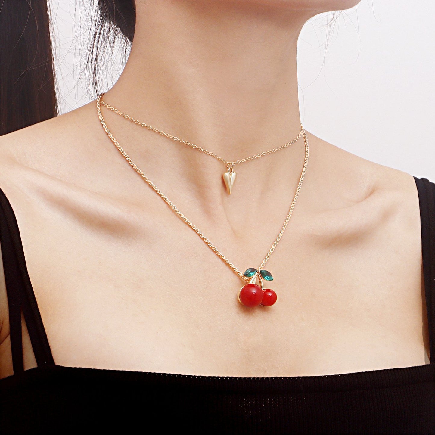 Jewelry exaggerated red big cherry multi-layer heart pendant necklace female choker