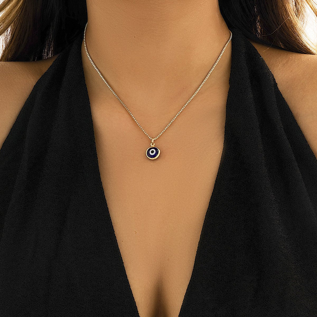 Jewelry Versatile Eye Pendant Metal Necklace Simple Geometric Box Chain Single Layer Necklace Female
