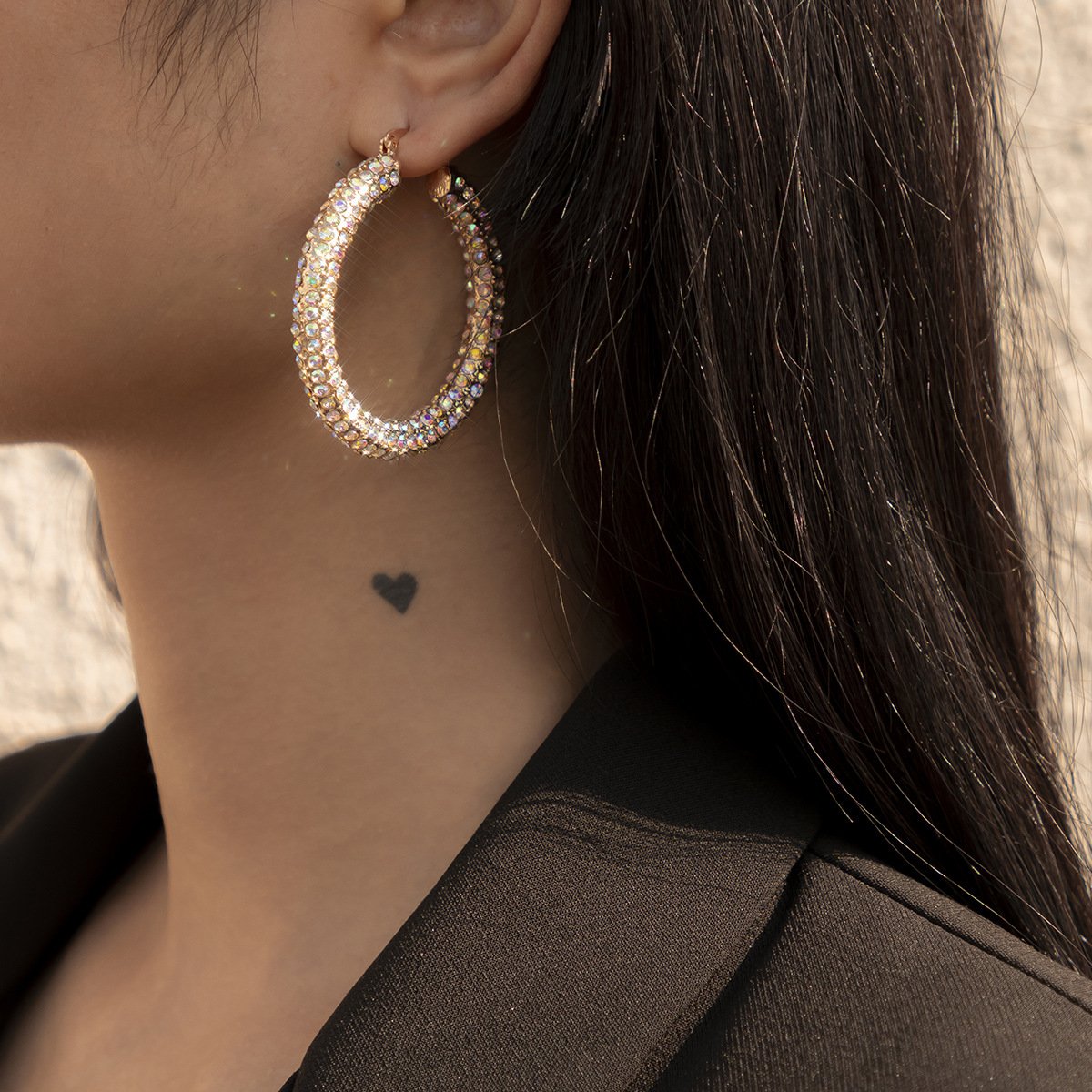 Jewelry fashion light luxury C-shaped full-diamond set earrings temperament all-match inlaid colored diamond geometric earrings