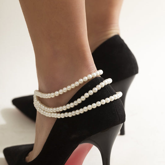 Jewelry temperament imitation pearl beaded tassel anklet female trend simple geometric instep chain anklet