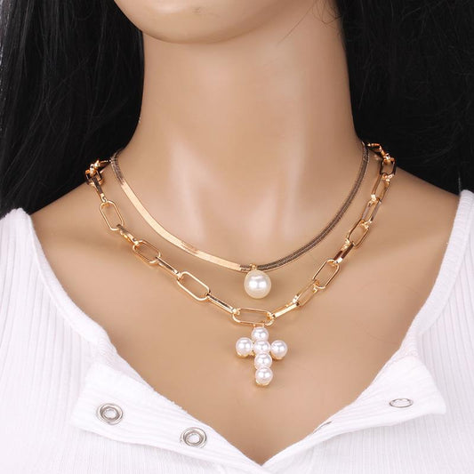 Jewelry Double Pearl Cross Necklace Trend Retro Ins Simple Snake Chain Sweater Chain Female