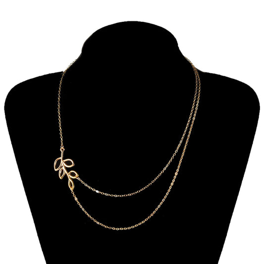 Mori Simple Metal Leaf Double Chain Short Necklace Clavicle Chain