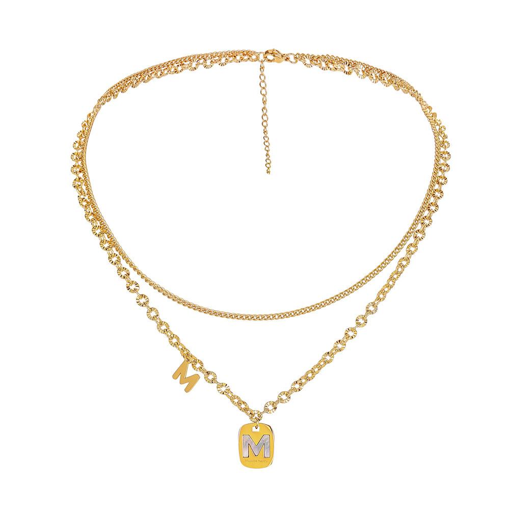 Fashion Stainless Steel Geometric Gold Letter M Shell Pendant Titanium Steel Double Layer Necklace Clavicle Chain Women
