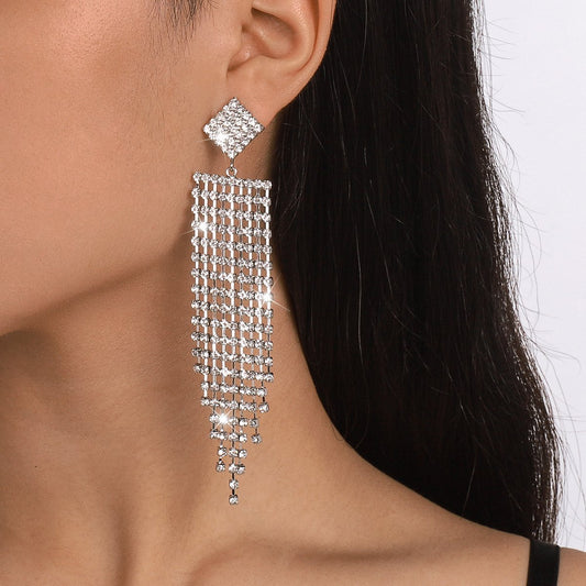 E1738 Jewelry Long Rhinestone Tassel Exaggerated Earrings Personality Temperament Internet Celebrity Earrings Female