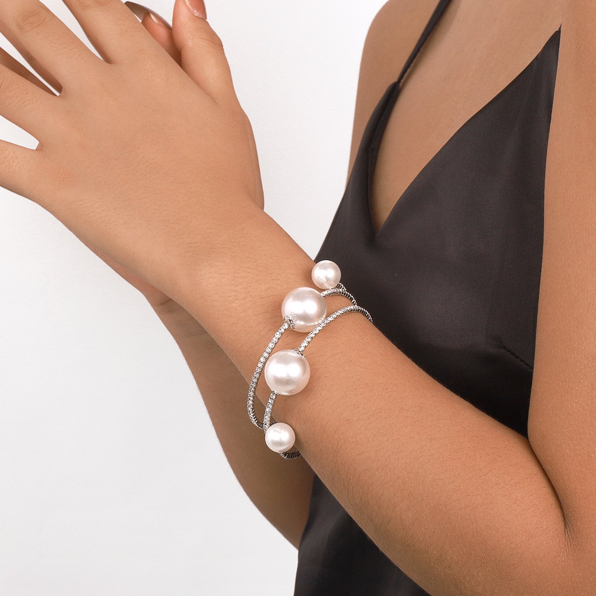 B1938 net red elastic circle bracelet imitation pearl rhinestone temperament small fragrance elegant fashion bracelet female