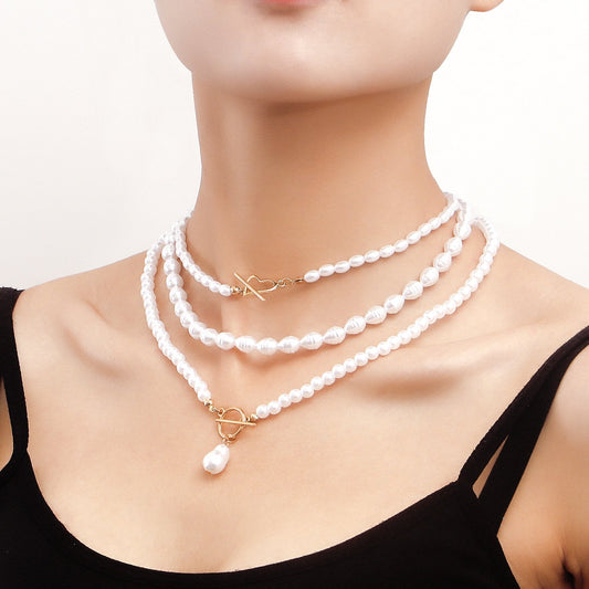 Jewelry Retro Imitation Pearl Stacked Woven Baroque Necklace Niche Beaded Chain Versatile Necklace