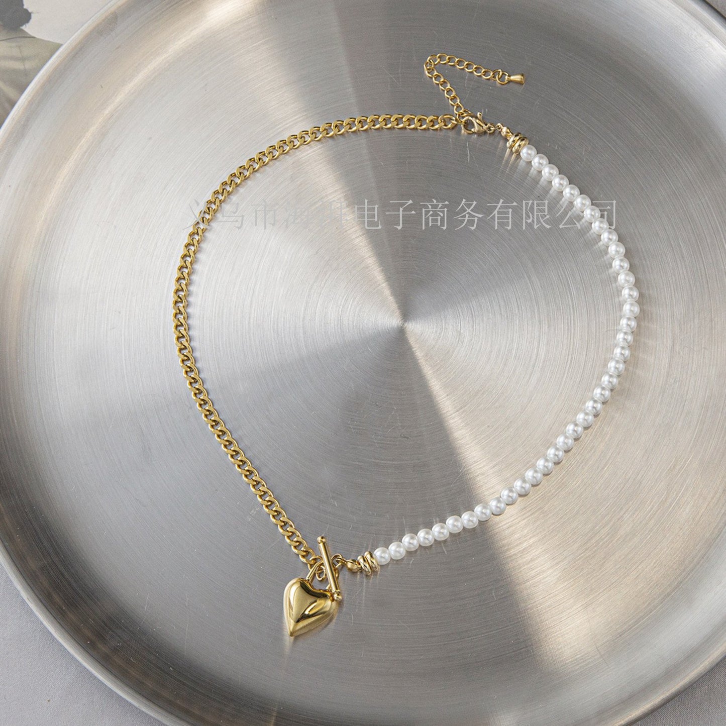 Natural freshwater pearl necklace women's titanium steel small heart necklace double stacked elegant clavicle chain jewelry