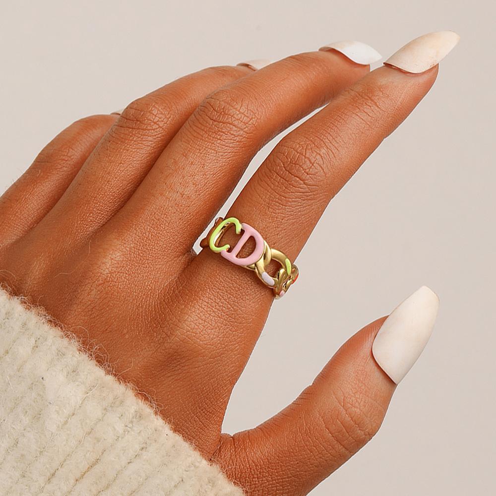 Female ins fashion light luxury letter CD color painting oil opening stainless steel ring