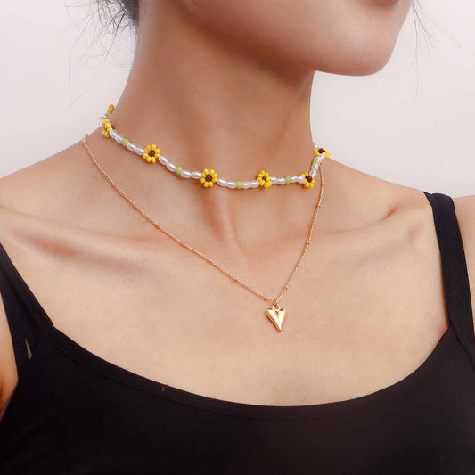 Jewelry Bohemia Double Color Daisy Flower Love Pendant Necklace Female Clavicle Chain Necklace