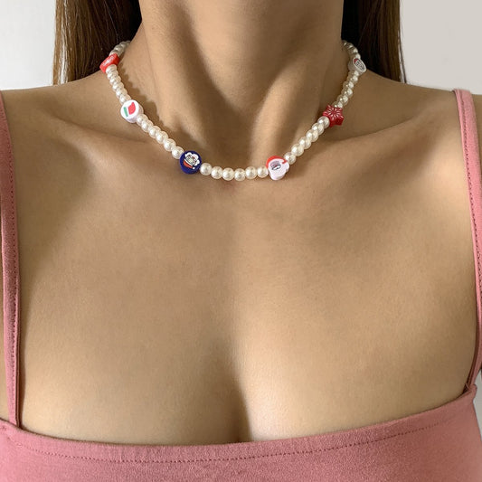 Creative color Christmas funny imitation pearl necklace jewelry soft pottery pattern beaded necklace female