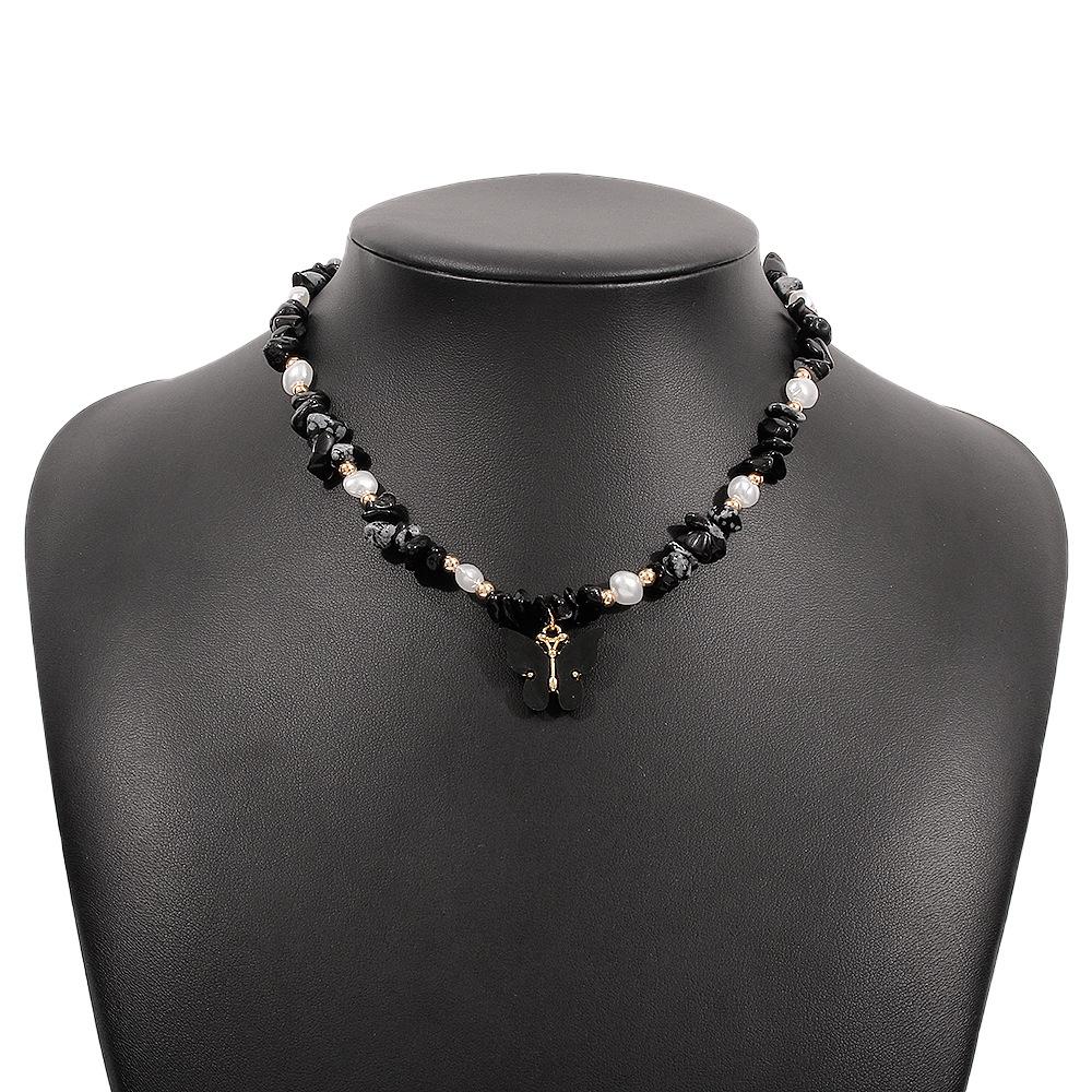 N9967 Net Red Necklace Female Xiaoxiang Retro Contrast Color Collarbone Necklace Imitation Pearl Butterfly Beaded Necklace