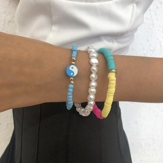 B1496 Ethnic Contrasting Color Fashion Bracelet Imitation Pearl Soft Pottery Tai Chi Eight Diagrams Beaded Hand Decoration Set for Women