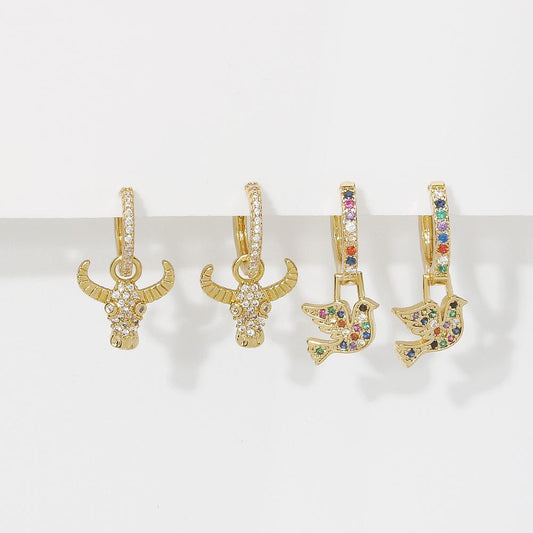 ZE63 Jewelry Simple Creative Bull Head Flying Bird Earrings Copper Zircon Geometric Fashion Earrings