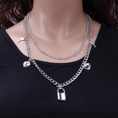 Jewelry Fashion Geometric Double Layer Versatile Lock Key Necklace Retro Snake Pendant Necklace Female