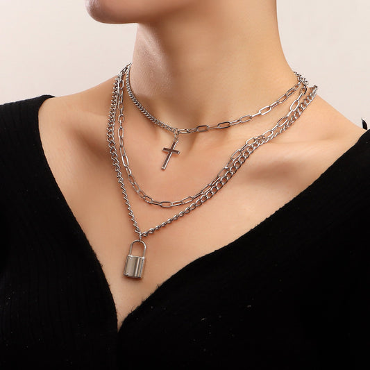 Jewelry Retro Cross Multilayer Necklace Women's Fashion Padlock Business Versatile Clavicle Chain