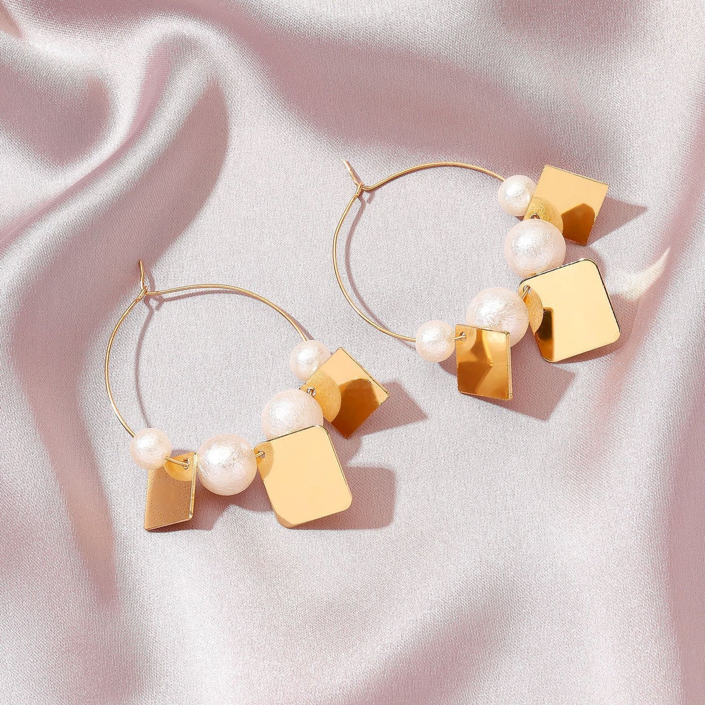 ins simple geometric pearl earrings French light luxury creative glossy square ear hanging net red exaggerated ear buckle