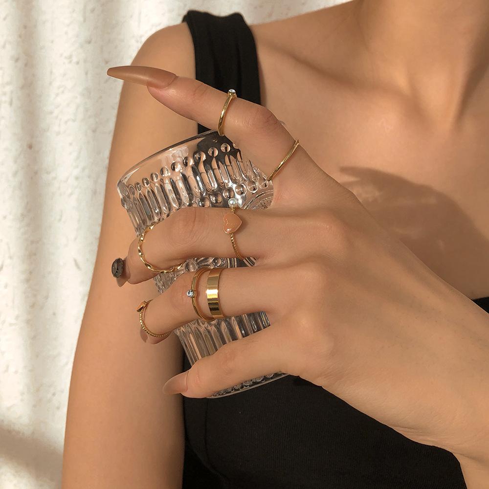 R652 ring alloy drop oil love temperament simple imitation pearl geometric ring set