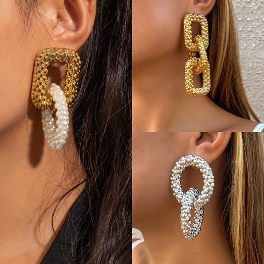 Jewelry simple geometric double ring alloy earrings exaggerated cold pockmarked creative retro earrings