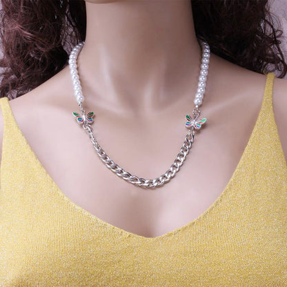 Jewelry Hip Hop Pearl Stainless Steel Chain Men's and Women's Necklace Simple Color Butterfly Clavicle Necklace