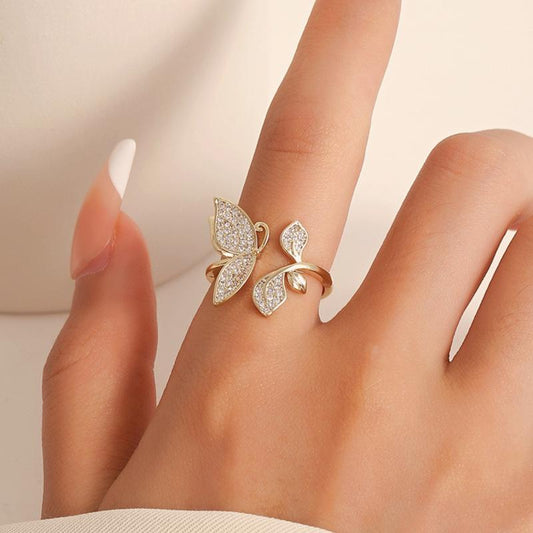 Ins full diamond butterfly ring female fashion light luxury niche design leaf ring geometric opening index finger ring