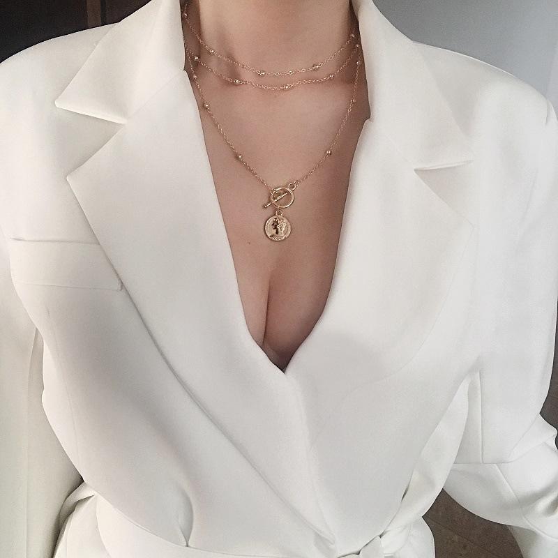 Niche Design Fashion Versatile Multi-Layer Coin Portrait Round Women's Collar Personality Necklace Clavicle Chain