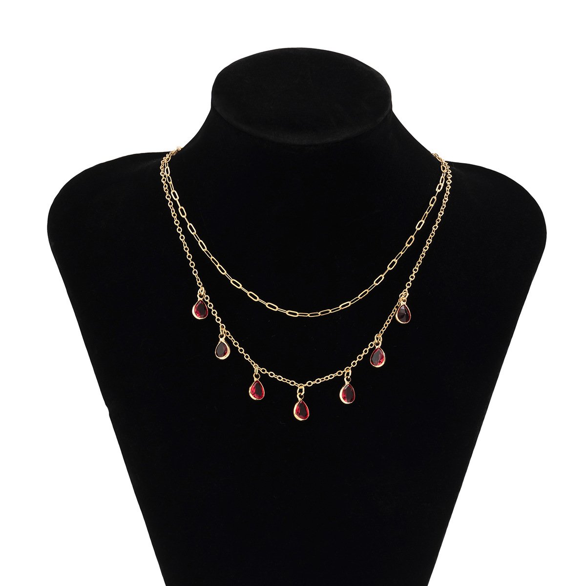 Jewelry Retro Design Water Drop Ruby Rhinestone Necklace Temperament Cross Chain Stacked Necklace