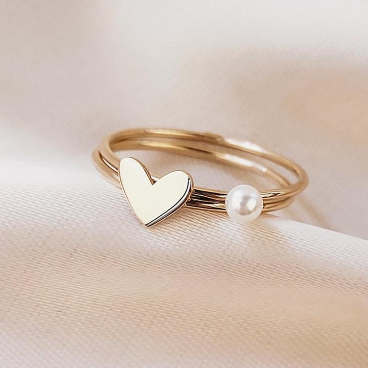 ins simple pearl love ring set fashion personality temperament stacked peach heart plain ring joint ring