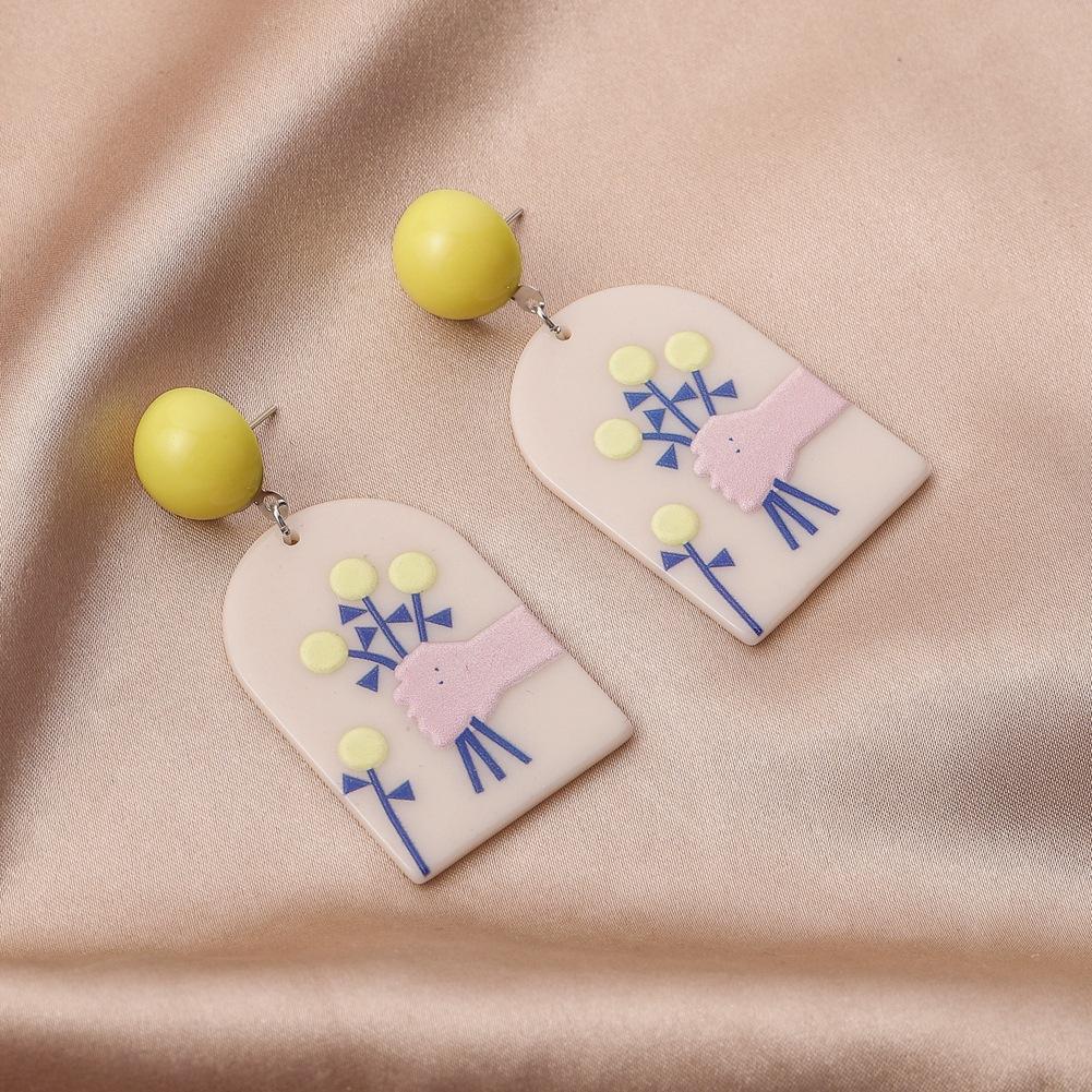 Ins fresh oil painting lattice earrings acrylic plate creative graffiti hand grasping flower earrings jewelry