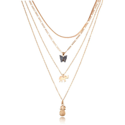 Jewelry Elephant Pineapple Black Butterfly Pendant Necklace Female Personality Multi-layer Temperament Simple Necklace