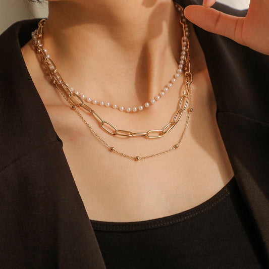 Ins popular fashion Hong Kong choker necklace simple metallic temperament pearl versatile multi-layer necklace female