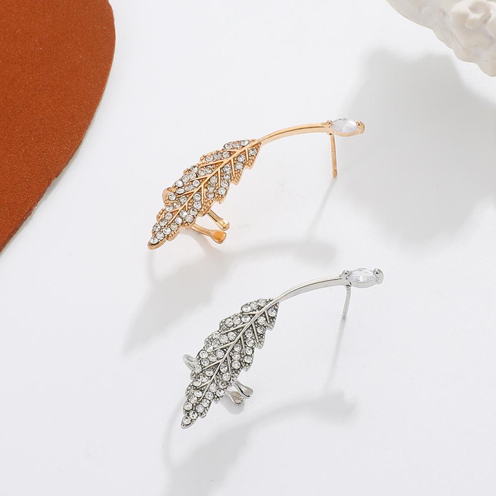Ins full diamond leaf ear clip female fashion creative temperament micro-inlaid zircon leaf earrings Mori ear bone clip