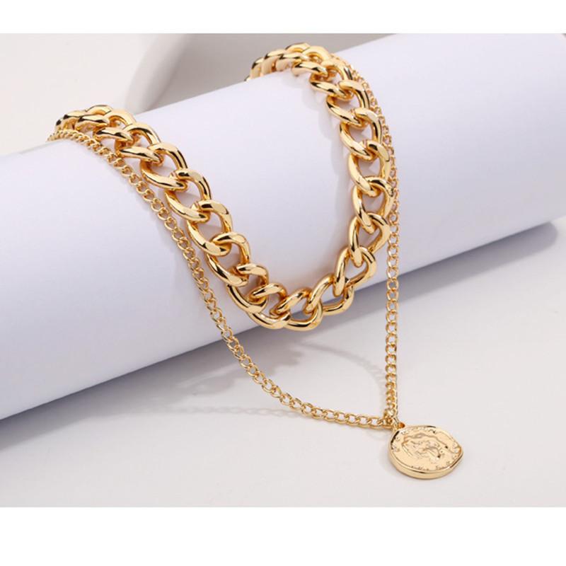 Thick chain necklace female ins trendy personality net red double clavicle chain retro round pendant short necklace