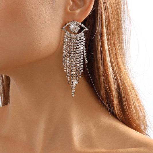 E1978 Long Exaggerated Geometric Tassel Rhinestone Earrings Creative Angel Eye Rhinestone Personality Earrings