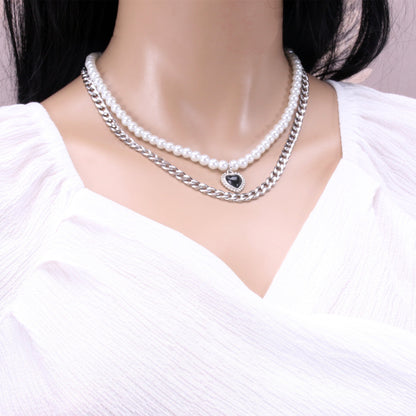 Double-layer titanium steel pearl necklace black love pendant cold temperament can be sweet and salty clavicle chain neck chain trendy