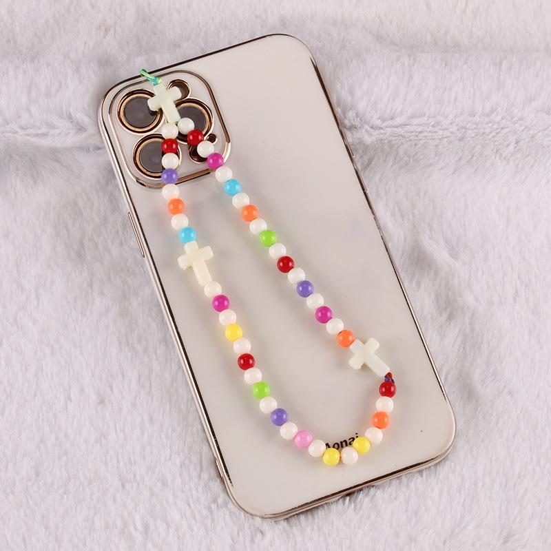 Ethnic diy color soft pottery imitation pearl acrylic geometric beaded mobile phone chain