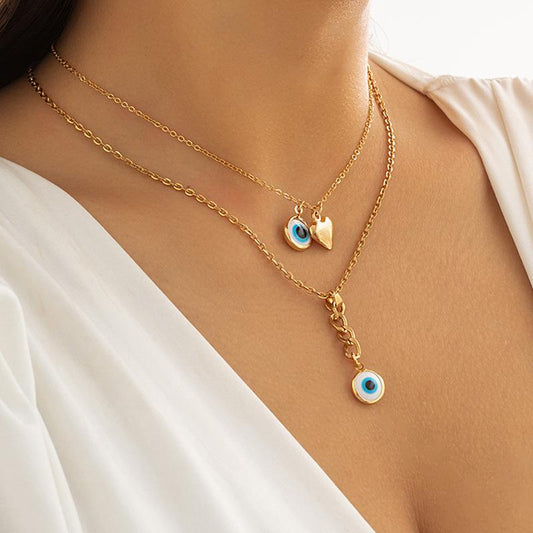 Jewelry simple eye heart-shaped pendant tassel double layer necklace versatile thin chain geometric necklace