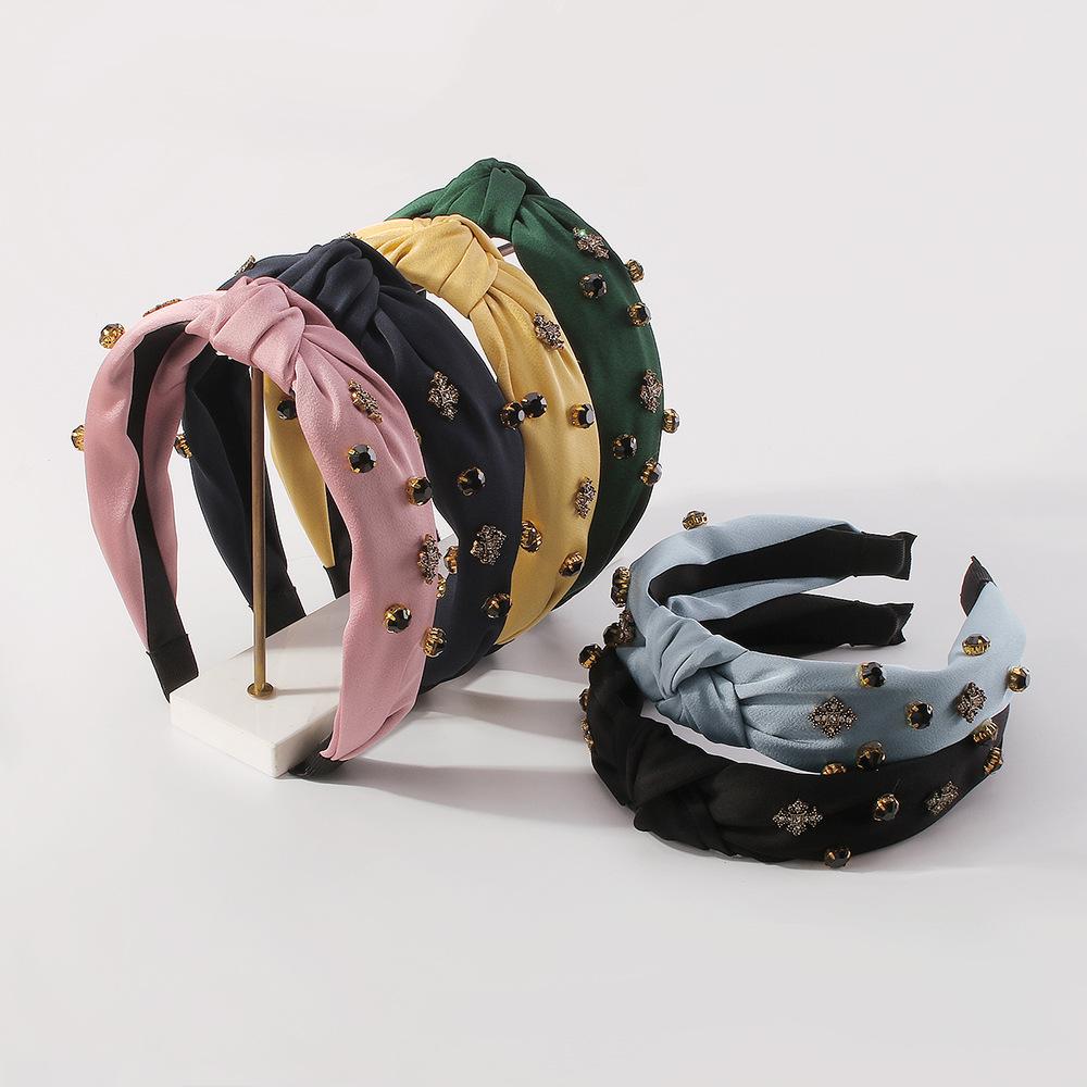 F3735 simple solid color headband fashion fabric knotted hair accessories catwalk temperament rhinestone retro headband female