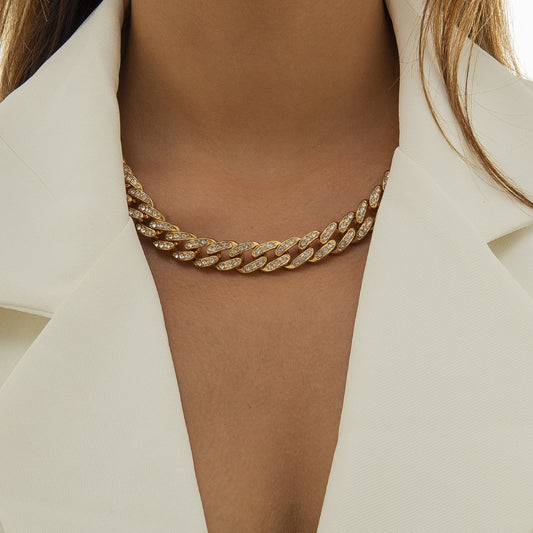 Hip-hop retro full diamond Cuban chain necklace men and women street fashion brand diamond clavicle chain necklace trendy people