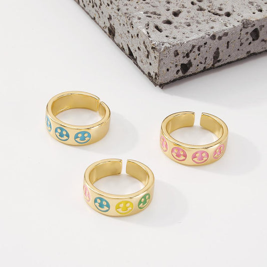 ZR15 Simple dripping oil opening ring temperament cute smiling face ring retro sweet fashion jewelry